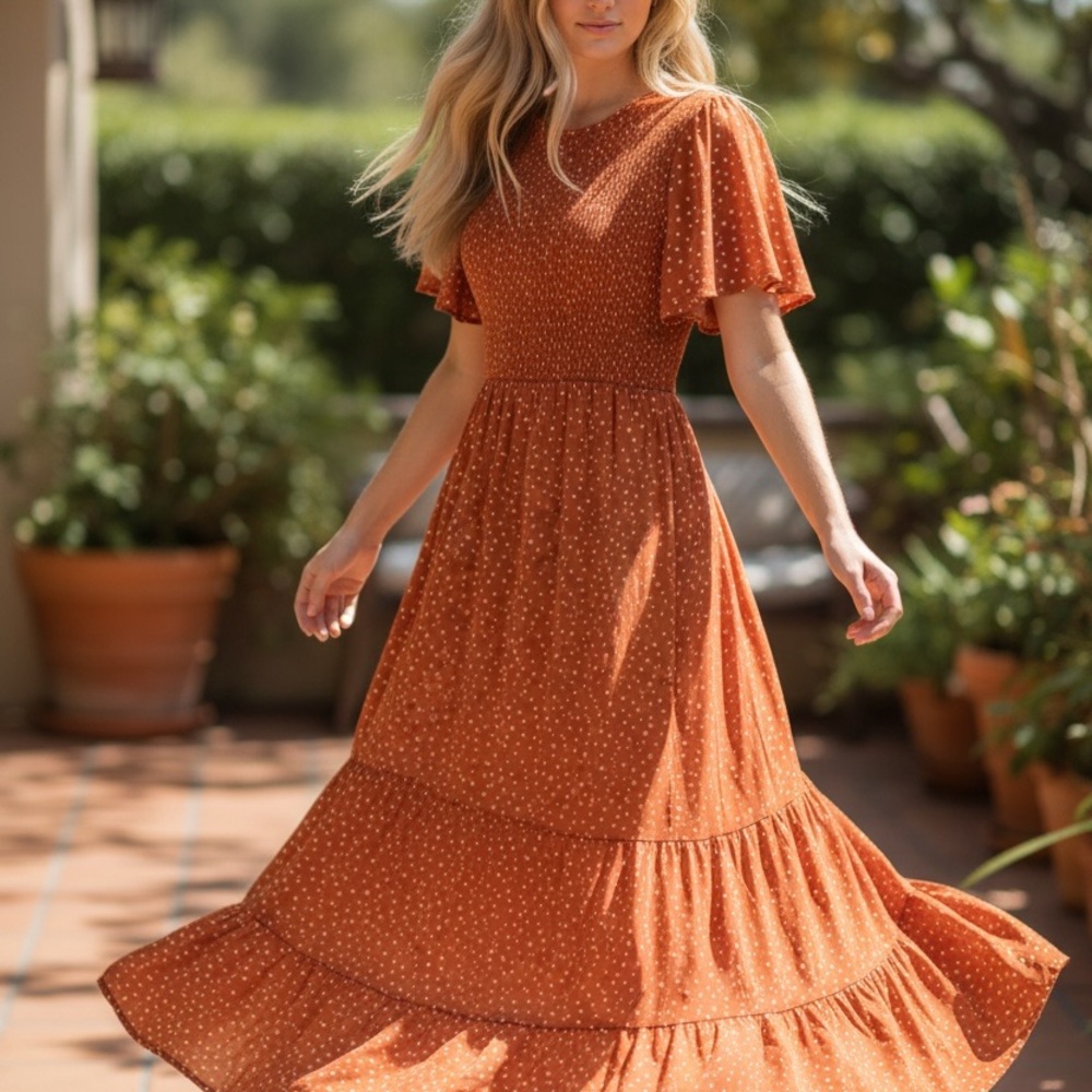 Kranda Floral‎ Tiered Boho Cottage Core Maxi Rust Dress Elastic On Bodice L NWT